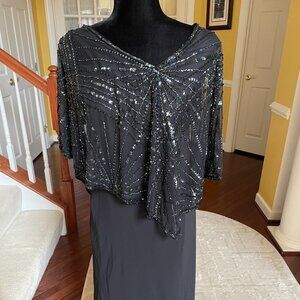 SIZE:6 J KARA BLACK SEQUIN&BEADING GOWN W/V-NECK, SHEER OVERLAY SKIRT AND CAPE S